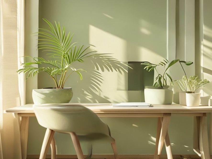 Stille arbeidsplass med plantuker og naturlig lys