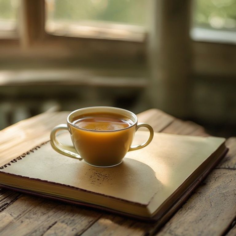 Kaffekopp og notesblokkk ved vindu i morgen